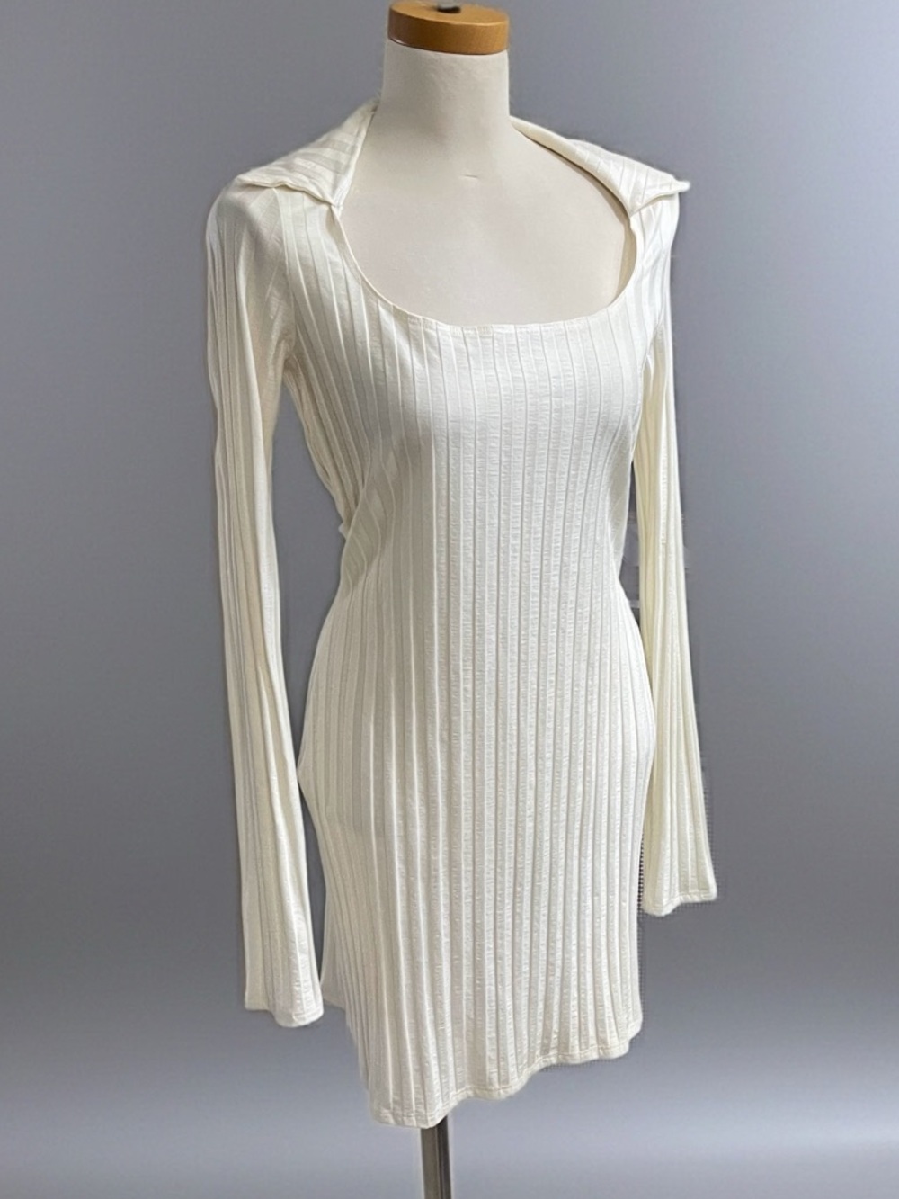 Reformation Ivory Cream Ribbed Square-Neck Long-Sleeve Mini Dress Sz L - Picture 3 of 7